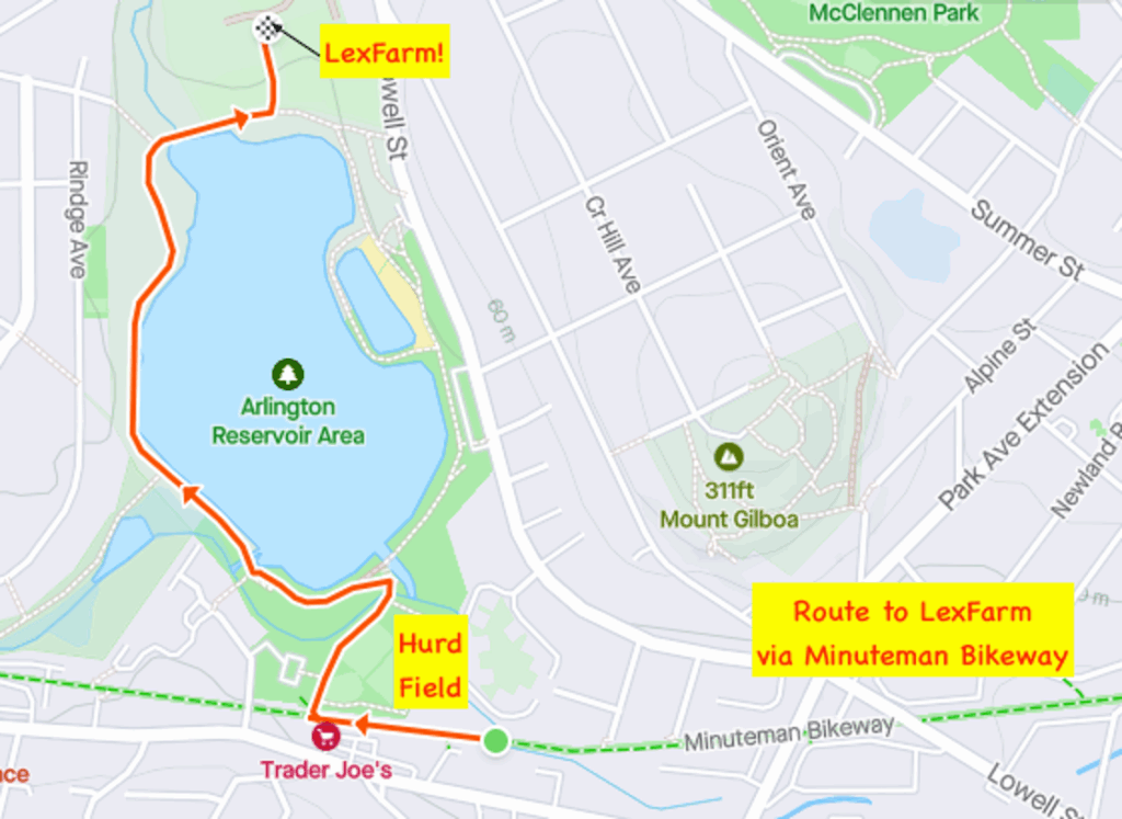 Map showing Route to LexFarm via Minuteman Bikeway from Arlington