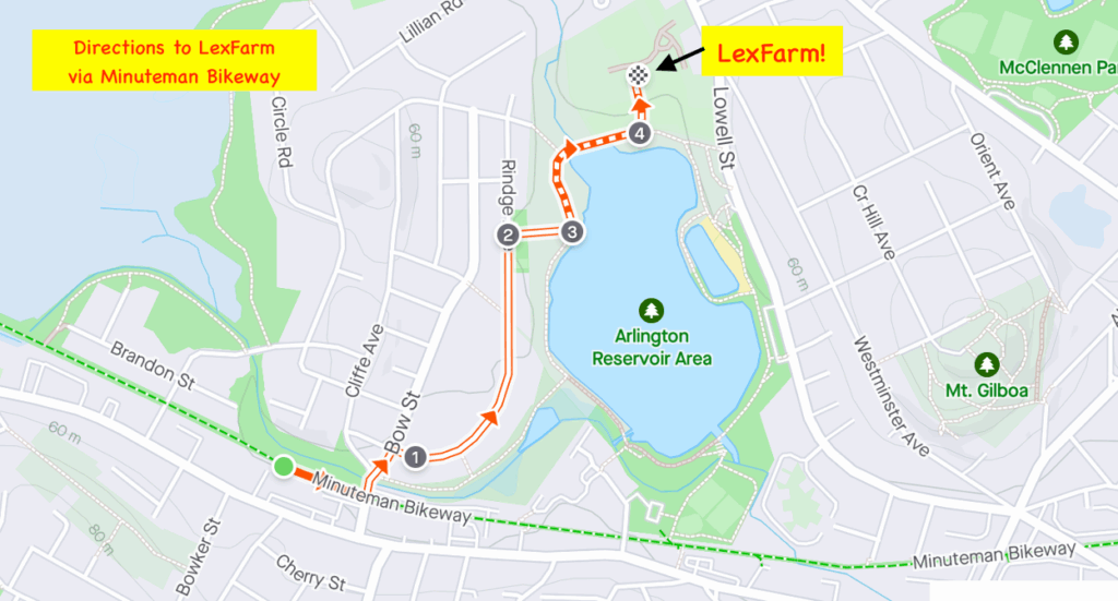 map showing directions from LexFarm via Minuteman Bikeway