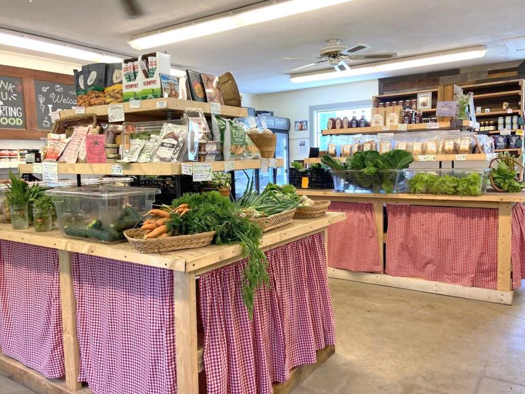 tiered displays of fresh vegetables and food