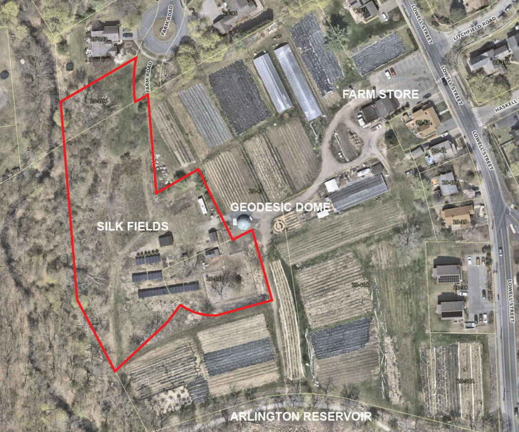 Aerial view of Silk Fields outlined in red next to LexFarm.
