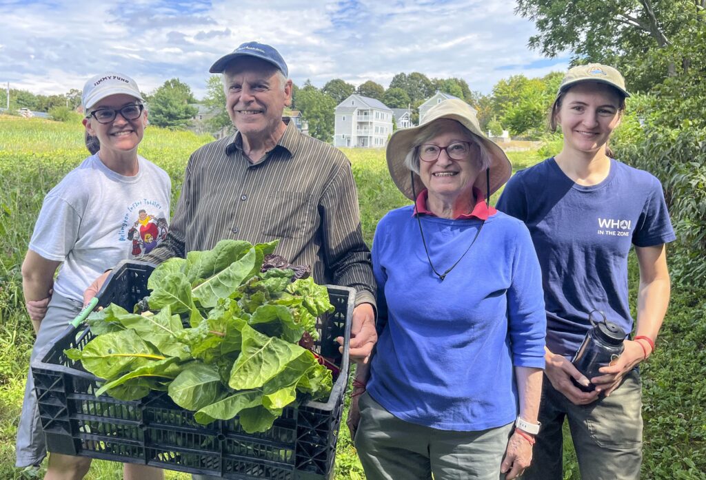 four people, one holding overflowing crate of leafy greens